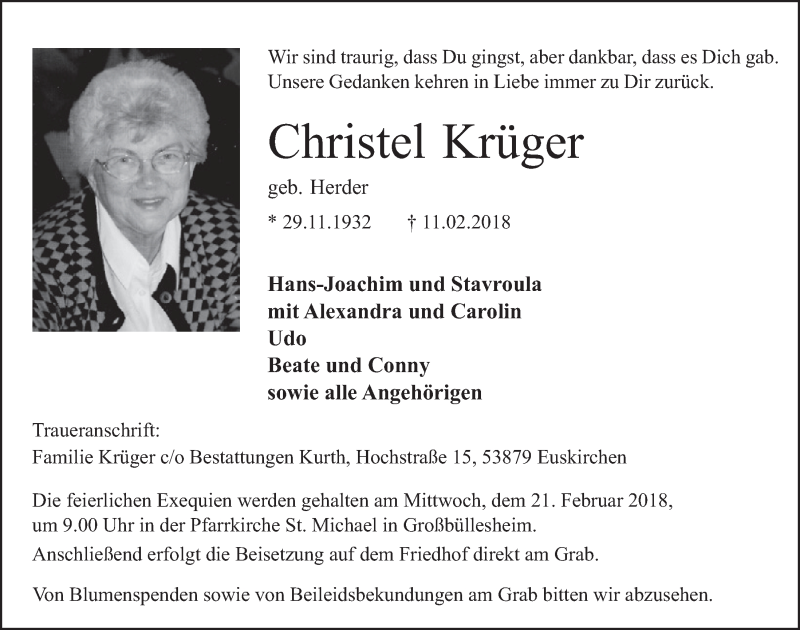  Traueranzeige für Christel Krüger vom 17.02.2018 aus  Blickpunkt Euskirchen 