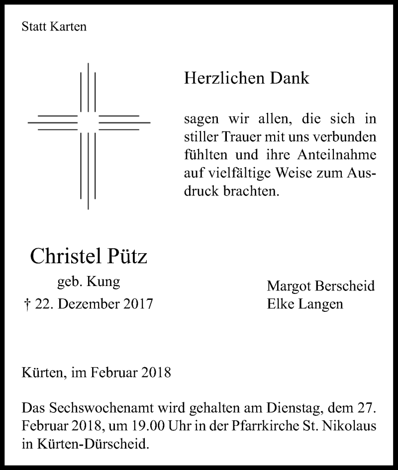 Traueranzeige für Christel Pütz vom 24.02.2018 aus Kölner Stadt-Anzeiger / Kölnische Rundschau / Express