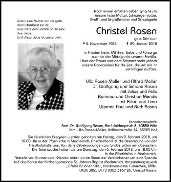 Anzeige von Christel Rosen von Kölner Stadt-Anzeiger / Kölnische Rundschau / Express