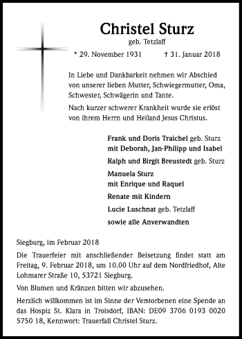 Anzeige von Christel Sturz von Kölner Stadt-Anzeiger / Kölnische Rundschau / Express