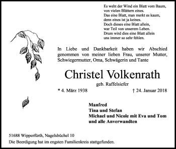 Anzeige von Christel Volkenrath von Kölner Stadt-Anzeiger / Kölnische Rundschau / Express