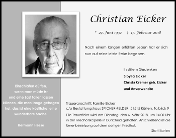 Anzeige von Christian Eicker von Kölner Stadt-Anzeiger / Kölnische Rundschau / Express