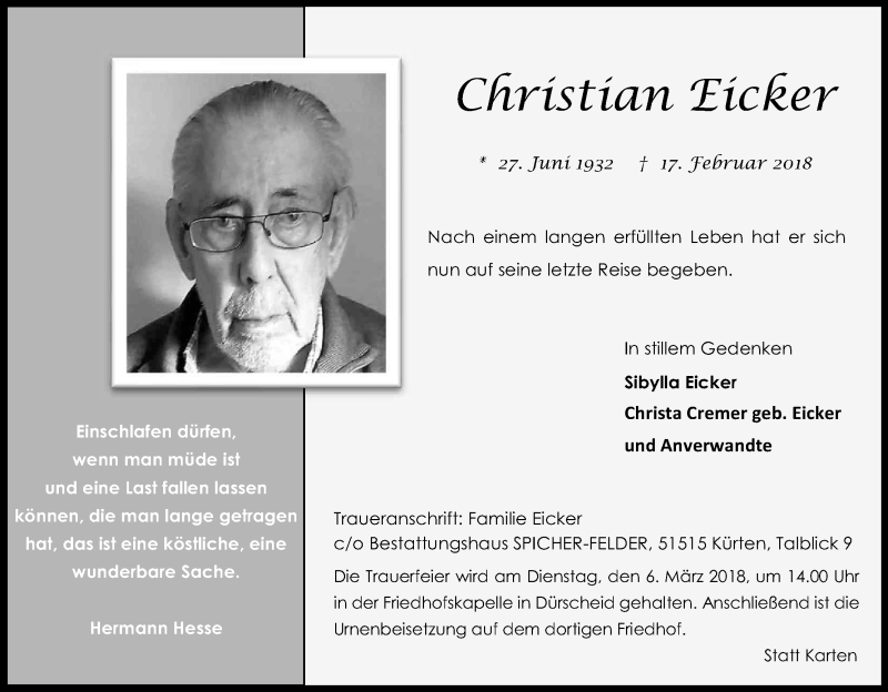  Traueranzeige für Christian Eicker vom 24.02.2018 aus Kölner Stadt-Anzeiger / Kölnische Rundschau / Express
