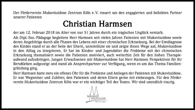  Traueranzeige für Christian Harmsen vom 17.02.2018 aus Kölner Stadt-Anzeiger / Kölnische Rundschau / Express