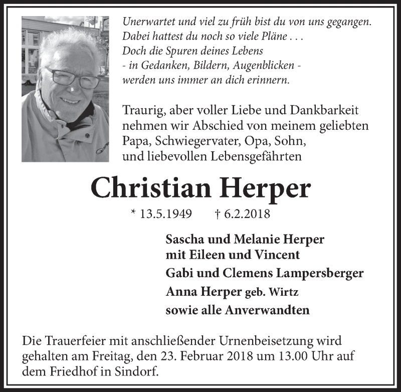 Traueranzeige für Christian Herper vom 17.02.2018 aus  Sonntags-Post 