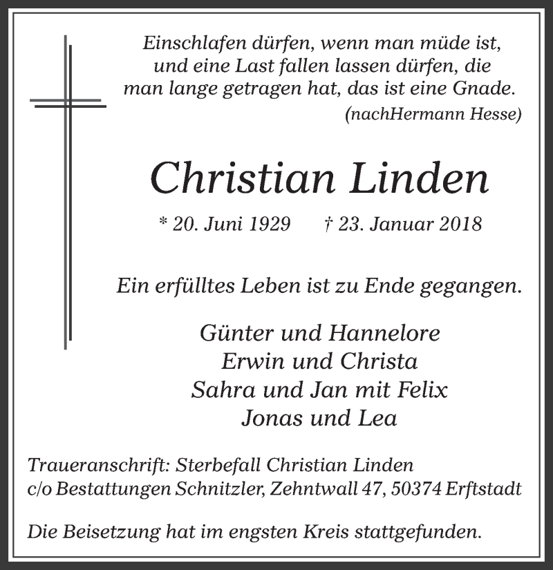  Traueranzeige für Christian Linden vom 21.02.2018 aus  Werbepost 