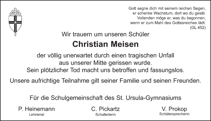  Traueranzeige für Christian Meisen vom 21.02.2018 aus  Schlossbote/Werbekurier 