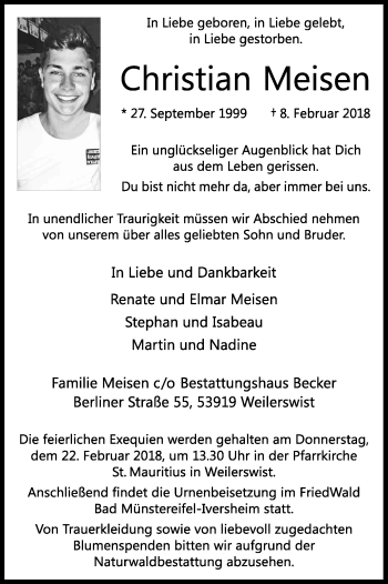 Anzeige von Christian Meisen von Kölner Stadt-Anzeiger / Kölnische Rundschau / Express