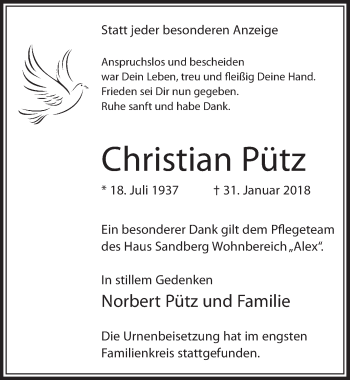 Anzeige von Christian Pütz von  Sonntags-Post 