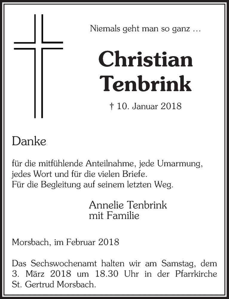  Traueranzeige für Christian Tenbrink vom 28.02.2018 aus  Lokalanzeiger 