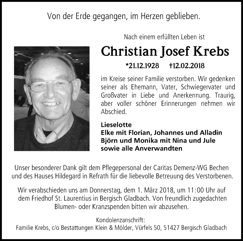  Traueranzeige für Christian Josef Krebs vom 24.02.2018 aus Kölner Stadt-Anzeiger / Kölnische Rundschau / Express