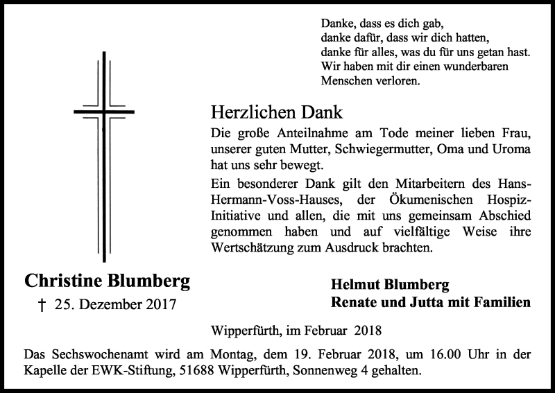  Traueranzeige für Christine Blumberg vom 05.02.2018 aus Kölner Stadt-Anzeiger / Kölnische Rundschau / Express