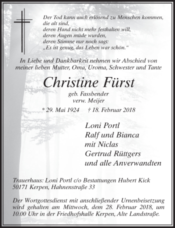 Anzeige von Christine Fürst von  Sonntags-Post 
