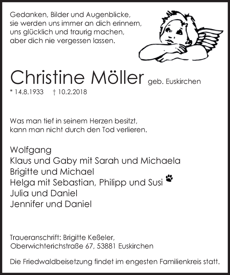  Traueranzeige für Christine Mölle vom 17.02.2018 aus  Blickpunkt Euskirchen 