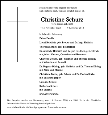 Anzeige von Christine Schurz von Kölner Stadt-Anzeiger / Kölnische Rundschau / Express