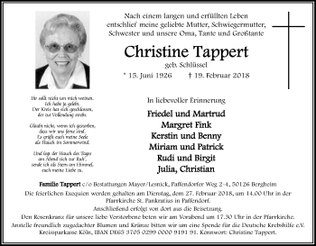 Anzeige von Christine Tappert von Kölner Stadt-Anzeiger / Kölnische Rundschau / Express