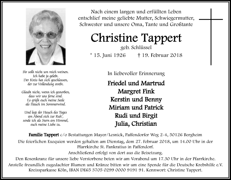  Traueranzeige für Christine Tappert vom 24.02.2018 aus Kölner Stadt-Anzeiger / Kölnische Rundschau / Express