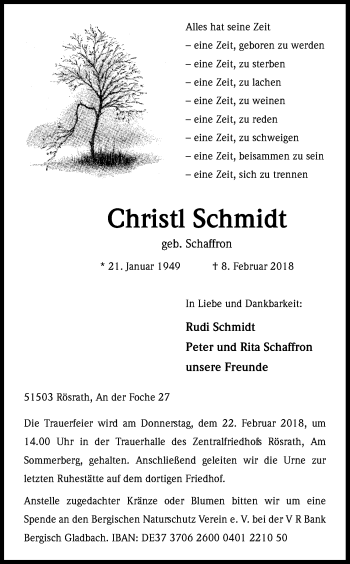 Anzeige von Christl Schmidt von Kölner Stadt-Anzeiger / Kölnische Rundschau / Express