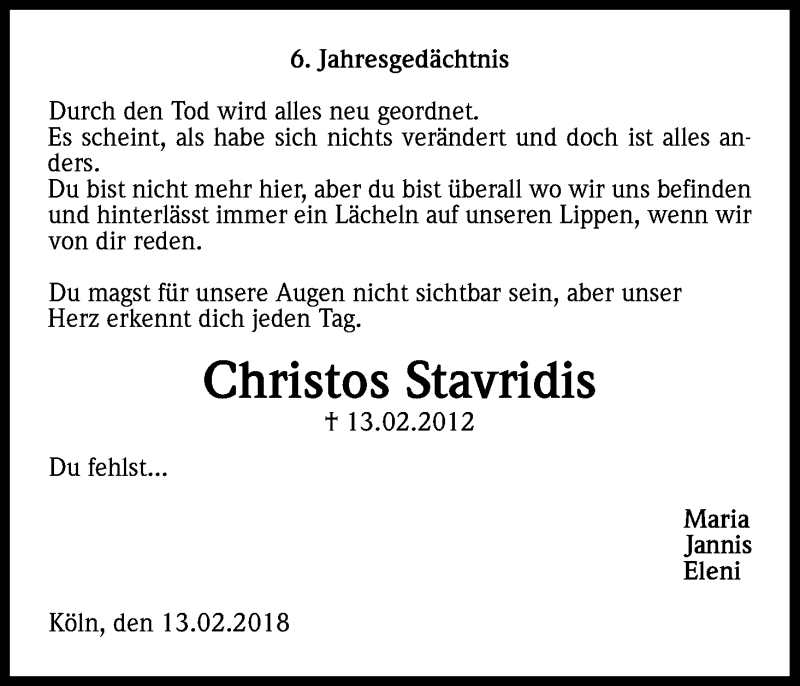  Traueranzeige für Christos Stavridis vom 13.02.2018 aus Kölner Stadt-Anzeiger / Kölnische Rundschau / Express