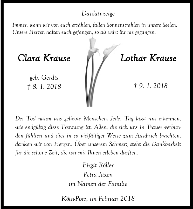  Traueranzeige für Clara Krause vom 14.02.2018 aus  Kölner Wochenspiegel 