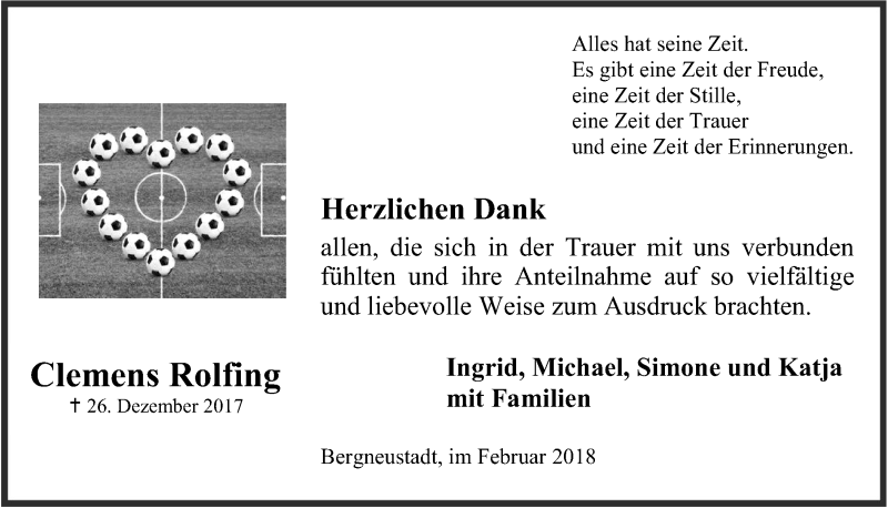  Traueranzeige für Clemens Rolfing vom 07.02.2018 aus  Anzeigen Echo 