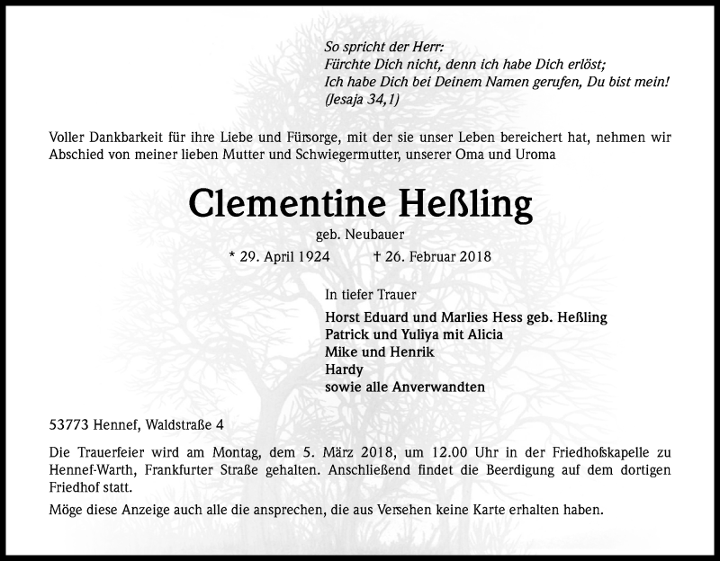  Traueranzeige für Clementine Heßling vom 28.02.2018 aus Kölner Stadt-Anzeiger / Kölnische Rundschau / Express
