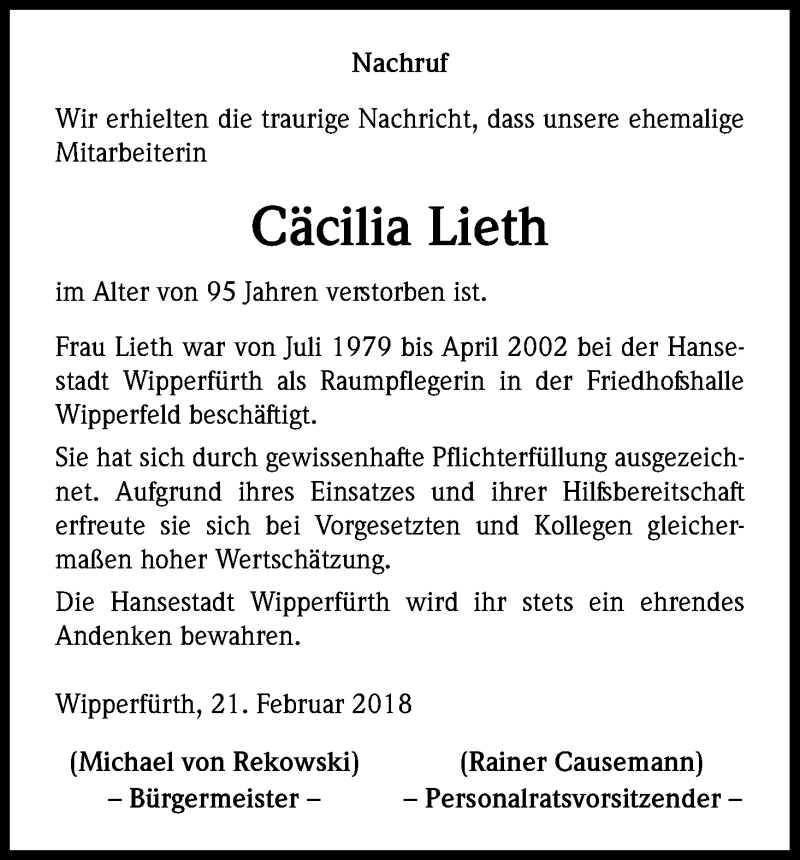  Traueranzeige für Cäcilia Lieth vom 23.02.2018 aus Kölner Stadt-Anzeiger / Kölnische Rundschau / Express