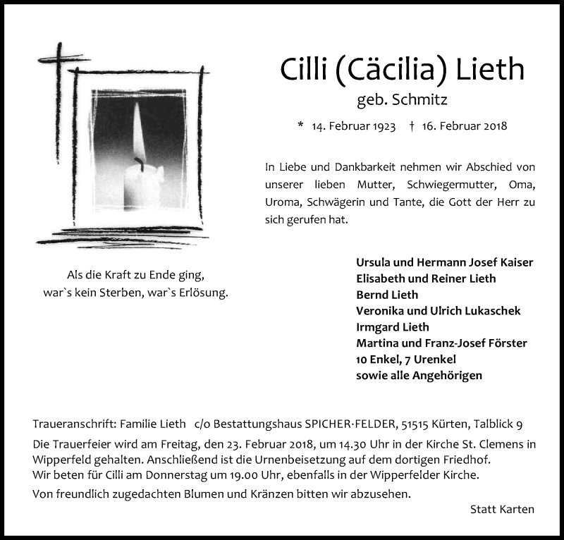  Traueranzeige für Cäcilia Lieth vom 20.02.2018 aus Kölner Stadt-Anzeiger / Kölnische Rundschau / Express