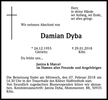 Anzeige von Damian Dyba von Kölner Stadt-Anzeiger / Kölnische Rundschau / Express