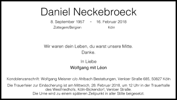 Anzeige von Daniel Neckebroeck von Kölner Stadt-Anzeiger / Kölnische Rundschau / Express