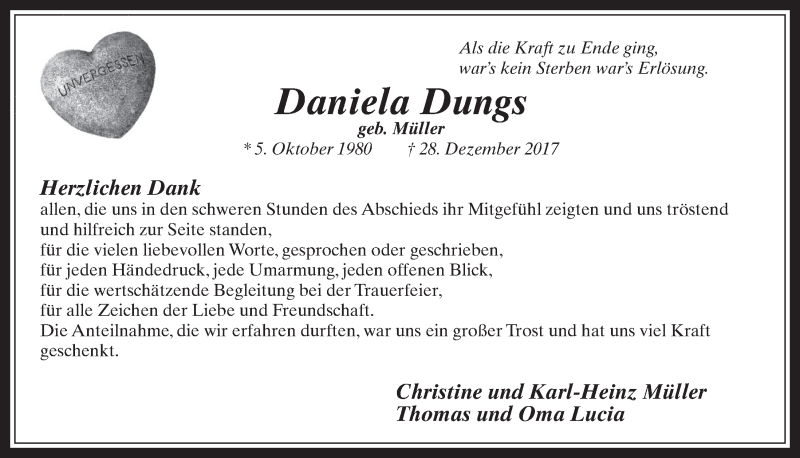  Traueranzeige für Daniela Dungs vom 07.02.2018 aus  Wochenende 