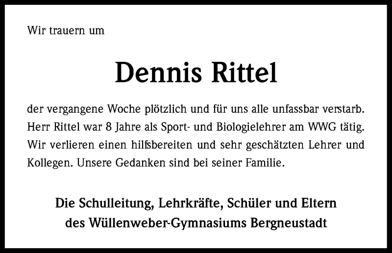  Traueranzeige für Dennis Rittel vom 22.02.2018 aus Kölner Stadt-Anzeiger / Kölnische Rundschau / Express
