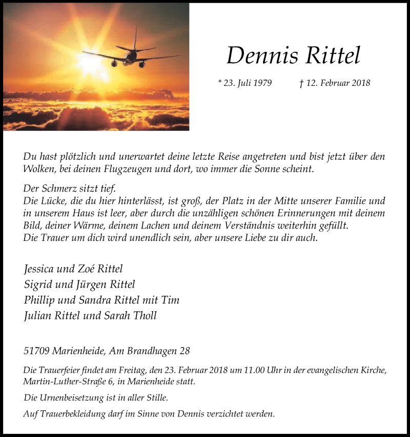  Traueranzeige für Dennis Rittel vom 17.02.2018 aus Kölner Stadt-Anzeiger / Kölnische Rundschau / Express