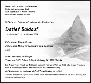 Anzeige von Detlef Baldauf von Kölner Stadt-Anzeiger / Kölnische Rundschau / Express