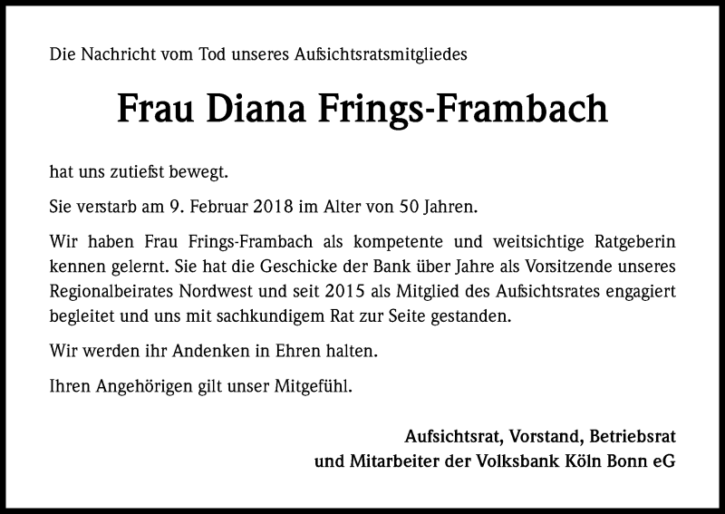  Traueranzeige für Diana Frings-Frambach vom 19.02.2018 aus Kölner Stadt-Anzeiger / Kölnische Rundschau / Express