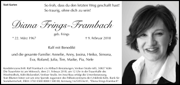 Anzeige von Diana Frings-Frambach von Kölner Stadt-Anzeiger / Kölnische Rundschau / Express