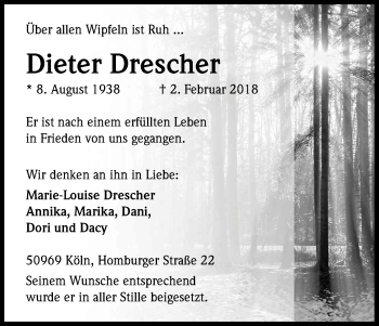 Anzeige von Dieter Drescher von Kölner Stadt-Anzeiger / Kölnische Rundschau / Express