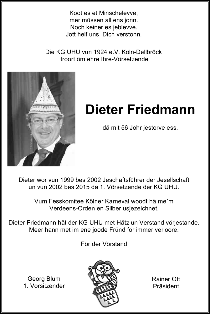  Traueranzeige für Dieter Friedmann vom 21.02.2018 aus Kölner Stadt-Anzeiger / Kölnische Rundschau / Express