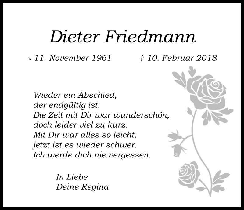  Traueranzeige für Dieter Friedmann vom 21.02.2018 aus Kölner Stadt-Anzeiger / Kölnische Rundschau / Express