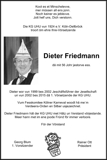 Anzeige von Dieter Friedmann von Kölner Stadt-Anzeiger / Kölnische Rundschau / Express