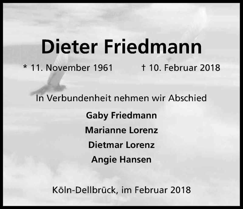  Traueranzeige für Dieter Friedmann vom 21.02.2018 aus Kölner Stadt-Anzeiger / Kölnische Rundschau / Express