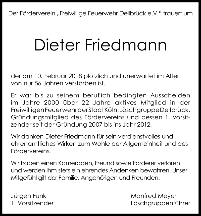  Traueranzeige für Dieter Friedmann vom 21.02.2018 aus Kölner Stadt-Anzeiger / Kölnische Rundschau / Express