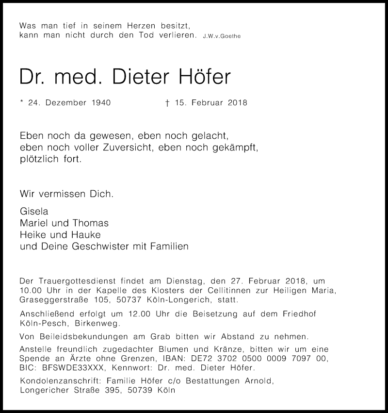  Traueranzeige für Dieter Hoefer vom 24.02.2018 aus Kölner Stadt-Anzeiger / Kölnische Rundschau / Express