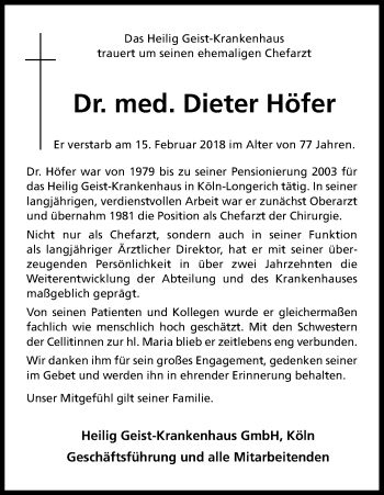 Anzeige von Dieter Höfer von Kölner Stadt-Anzeiger / Kölnische Rundschau / Express