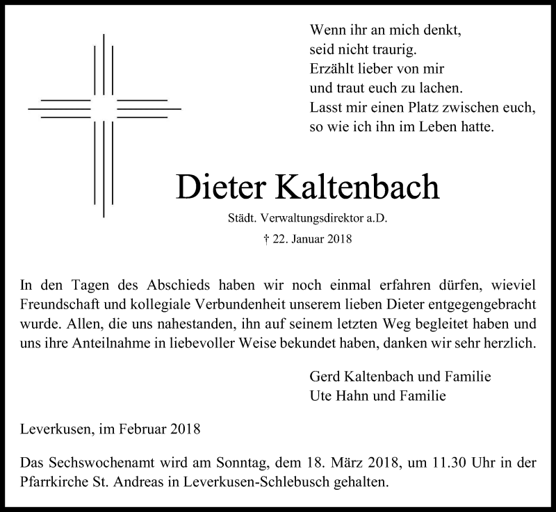  Traueranzeige für Dieter Kaltenbach vom 27.02.2018 aus Kölner Stadt-Anzeiger / Kölnische Rundschau / Express