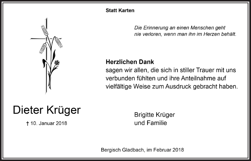  Traueranzeige für Dieter Krüger vom 03.02.2018 aus  Bergisches Sonntagsblatt 