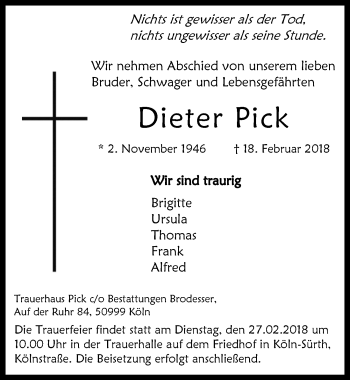 Anzeige von Dieter Pick von  Kölner Wochenspiegel 