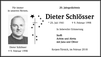 Anzeige von Dieter Schlösser von Kölner Stadt-Anzeiger / Kölnische Rundschau / Express