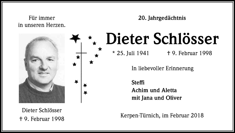  Traueranzeige für Dieter Schlösser vom 09.02.2018 aus Kölner Stadt-Anzeiger / Kölnische Rundschau / Express