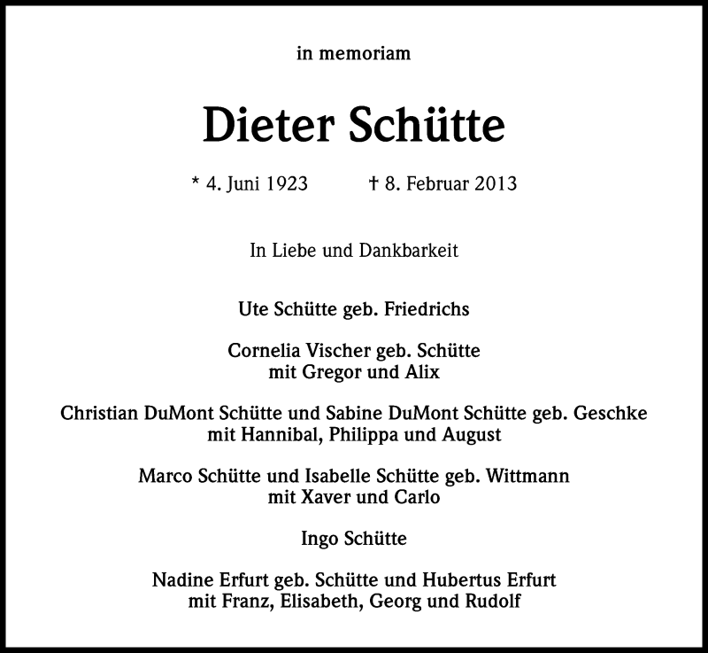  Traueranzeige für Dieter Schütte vom 08.02.2018 aus Kölner Stadt-Anzeiger / Kölnische Rundschau / Express